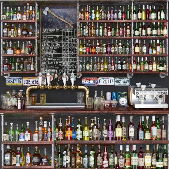 decoration – Set-370 (Wooden shelving with bottles) 3D Model decoration – Set-370 (Wooden shelving with bottles) 3D Model