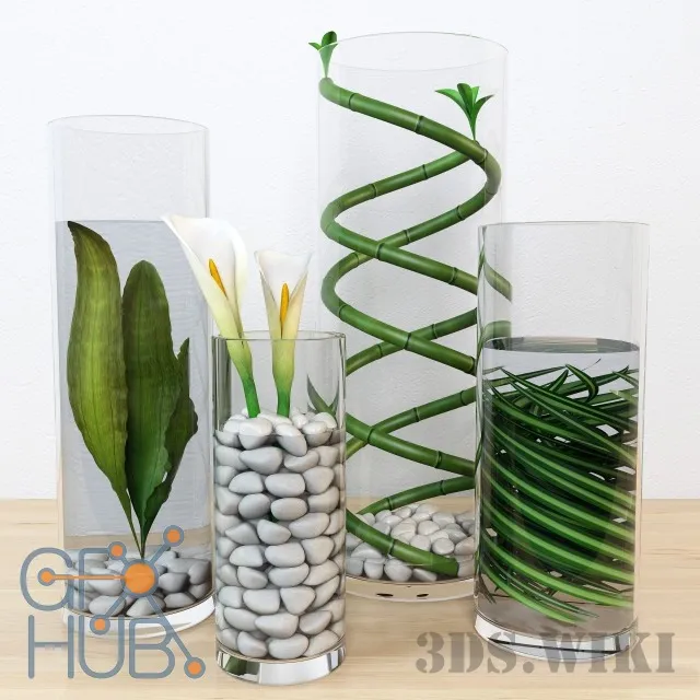 decoration – Set of flowers in flasks 3D Model