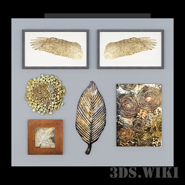decoration – Set of paintings with golden flowers 3D Model
