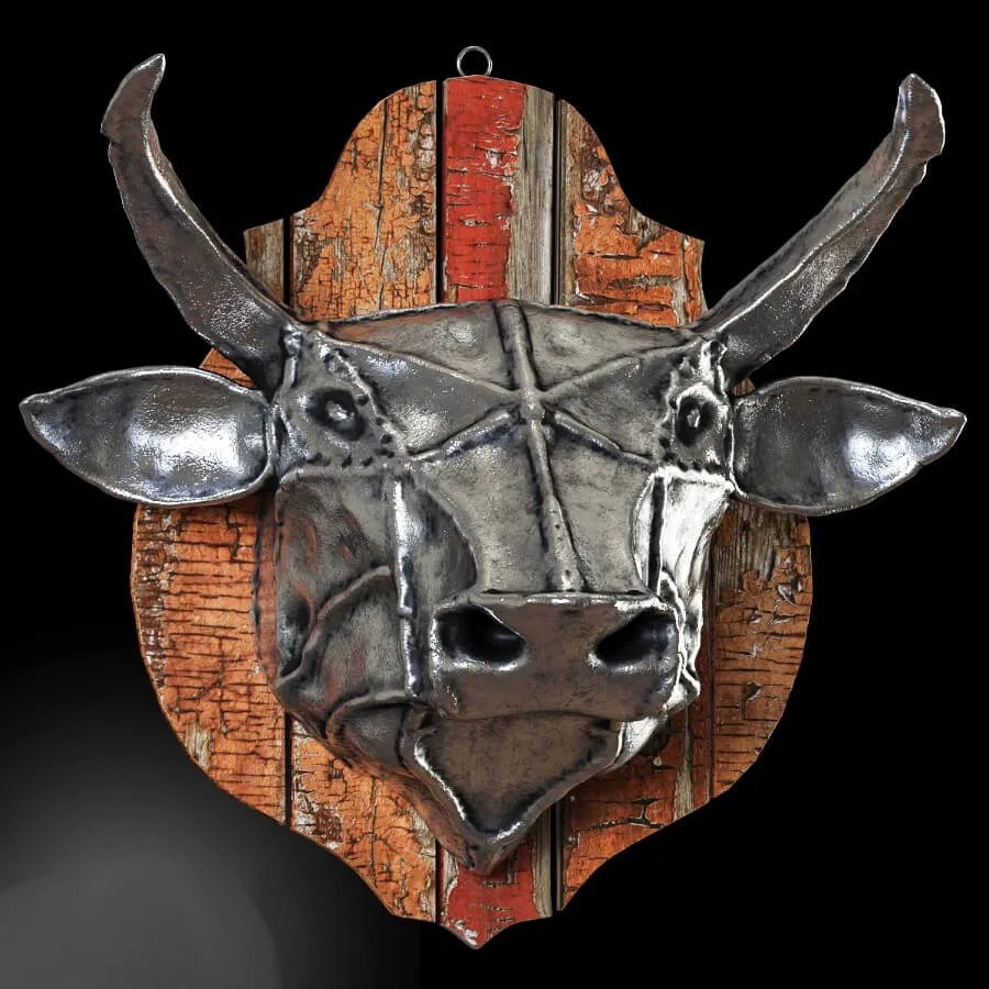 decoration – Steel head of a bull on a wooden old board 3D Model decoration – Steel head of a bull on a wooden old board 3D Model