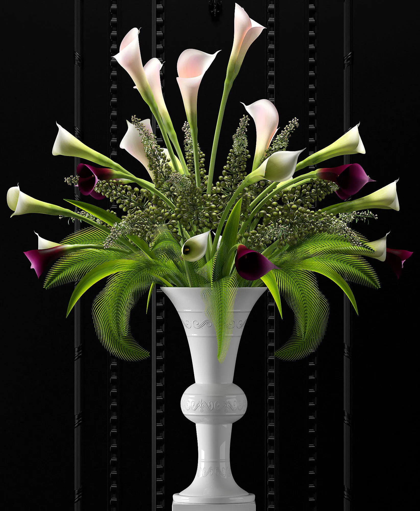 decoration – Tall vase with a bouquet of white and red calla 3D Model