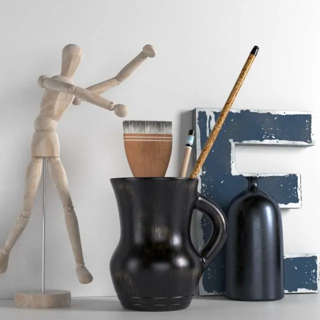 decoration – Wooden Mannequin Brushes in Pitcher and Bottle 3D Model