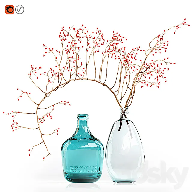 Decorative branch with red berries in a glass vase 3D Model Decorative branch with red berries in a glass vase 3D Model