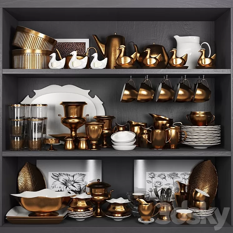 Decorative copper crockery set. Service 3D Model