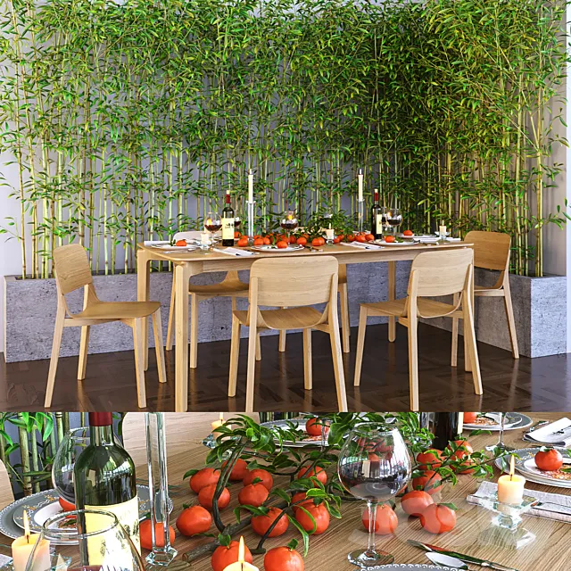 decorative corner bamboo and a table with a serving 3D Model