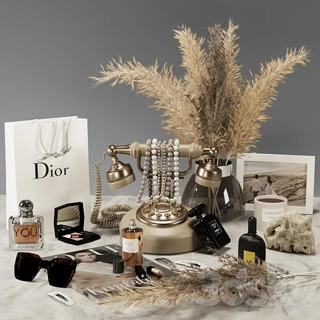 Decorative set 01_Cosmetics with pampas and antique telephone 3D Model Decorative set 01_Cosmetics with pampas and antique telephone 3D Model