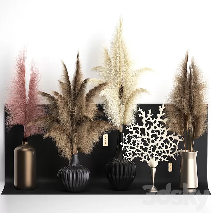 Decorative set 11. Black metal shelf loft dried flower pampas grass coral vase decor 3D Model