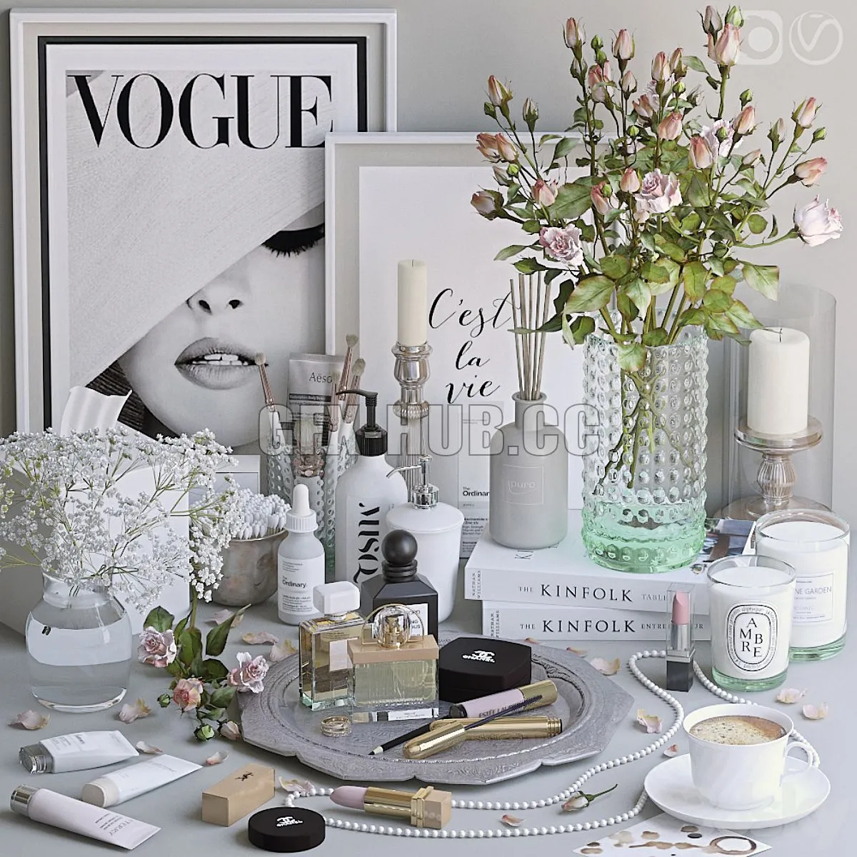 Decorative set 12 (dressing table decor with roses and cosmetics) 3D Model