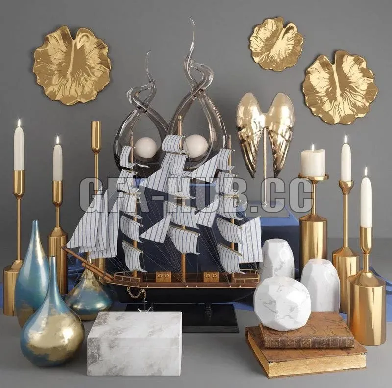 Decorative Set 12 with gold items 3D Model Decorative Set 12 with gold items 3D Model