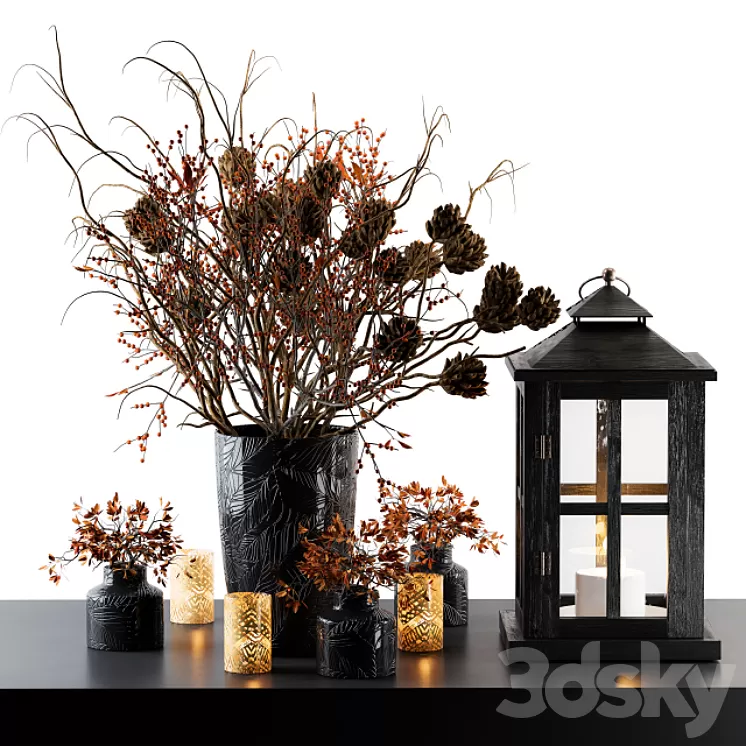 Decorative Set Berry and Branches with lantern 3D Model