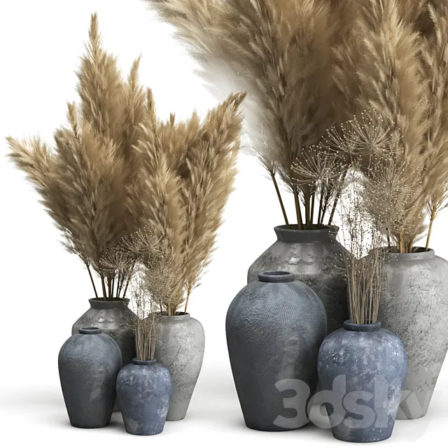 Decorative set of Clay Vases and Pampas Grass 3D Model Decorative set of Clay Vases and Pampas Grass 3D Model