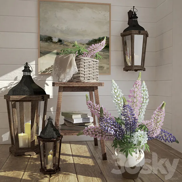 Decorative set of objects with a bouquet of lupine 3D Model