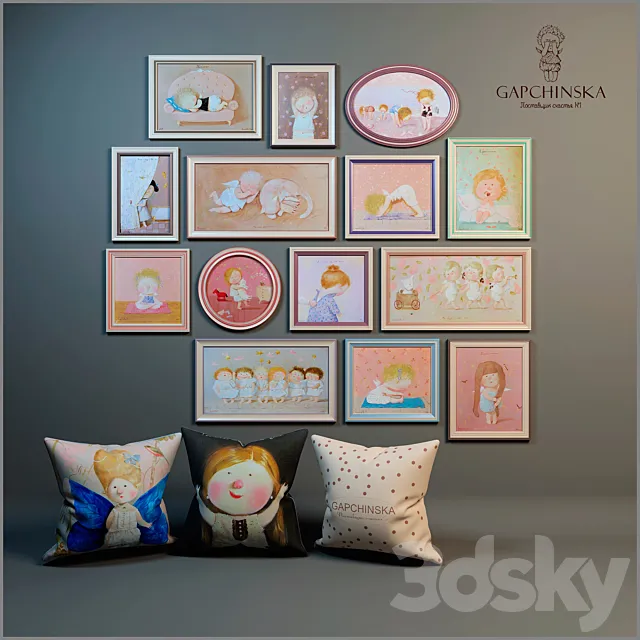 Decorative set of paintings and pillows for baby girls 3DModel Decorative set of paintings and pillows for baby girls 3DModel