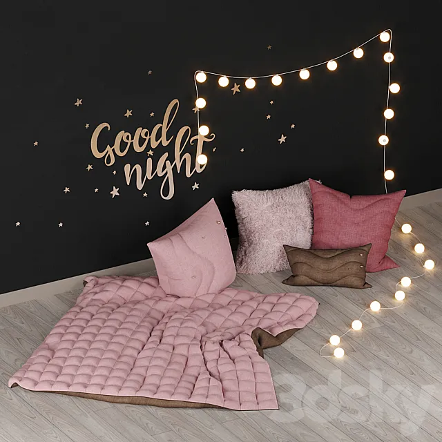 Decorative set of pillows with a garland 3DModel Decorative set of pillows with a garland 3DModel