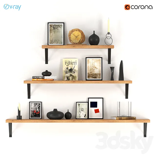 Decorative set of three shelves with filling. 3DModel
