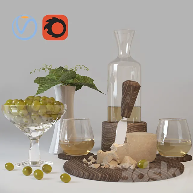 Decorative set of wine cheese and grapes 3D Model
