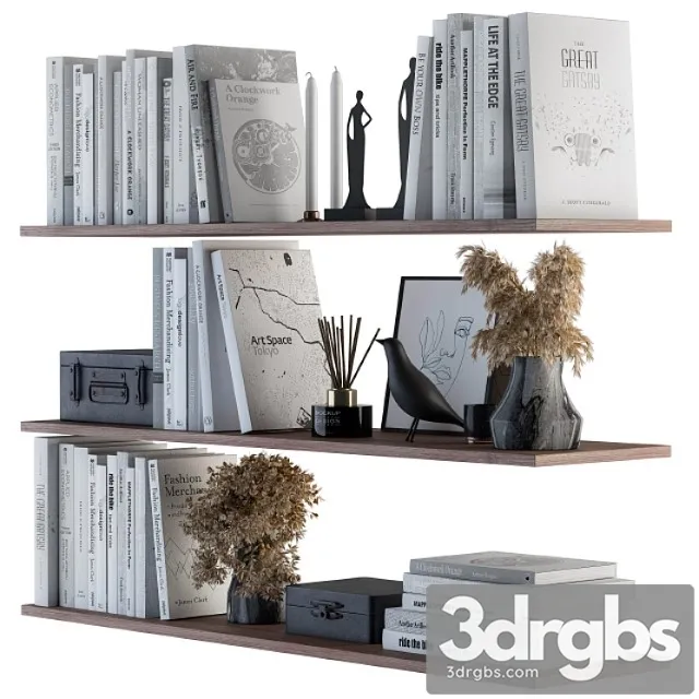 Decorative set on shelves white book and dried plants 3D Model Download Decorative set on shelves white book and dried plants 3D Model Download