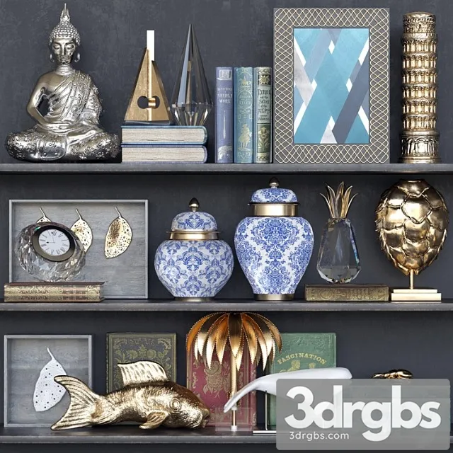 Decorative set Shelf with a collection of decor books and accessories to create coziness 3D Model Download Decorative set Shelf with a collection of decor books and accessories to create coziness 3D Model Download