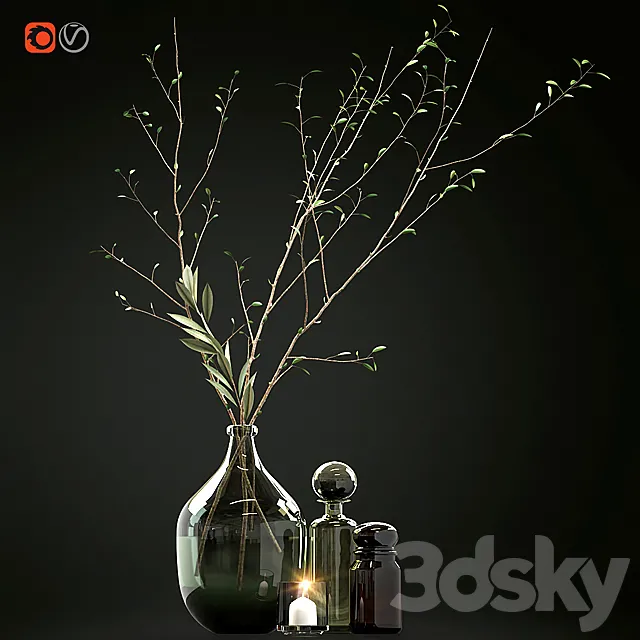 Decorative set with branches and glass bottles 3DModel
