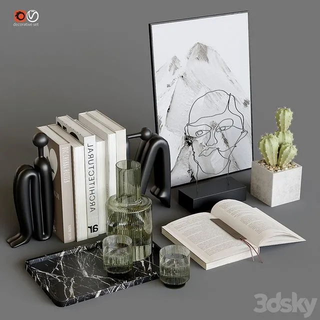 decorative set with cactus 3D Model