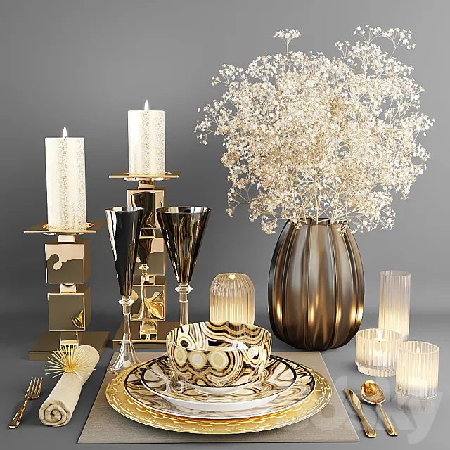 Decorative set with dishes and a bouquet of white flowers 3D Model