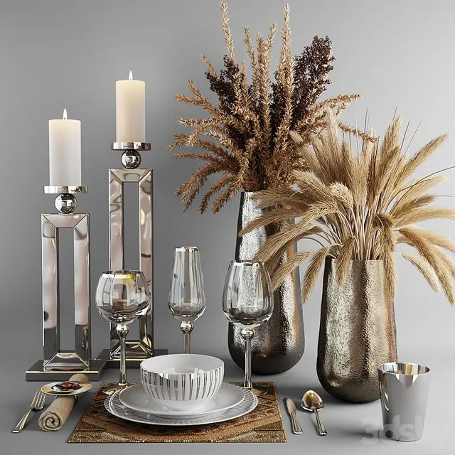 Decorative set with dishes and bouquets of dry grass 3D Model