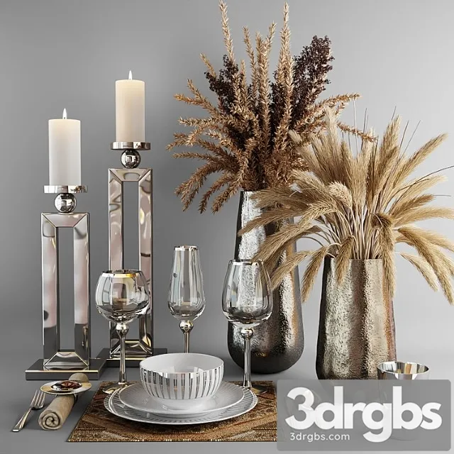 Decorative set with dishes and bouquets of dry grass 3D Model Download Decorative set with dishes and bouquets of dry grass 3D Model Download