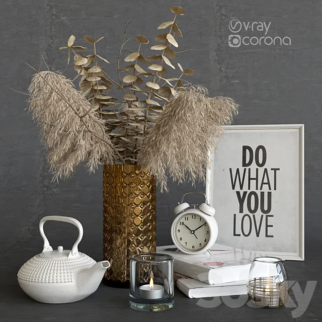 Decorative set with dry plants. Light decor. 3D Model