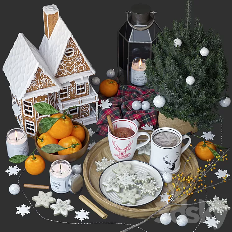 Decorative set with gingerbread house 3D Model