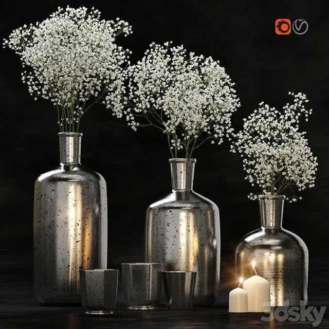 Decorative set with gypsophila flower and candles 3D Model