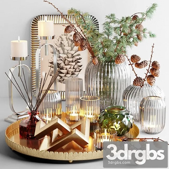 Decorative set with larch branch and candles 3D Model Download Decorative set with larch branch and candles 3D Model Download