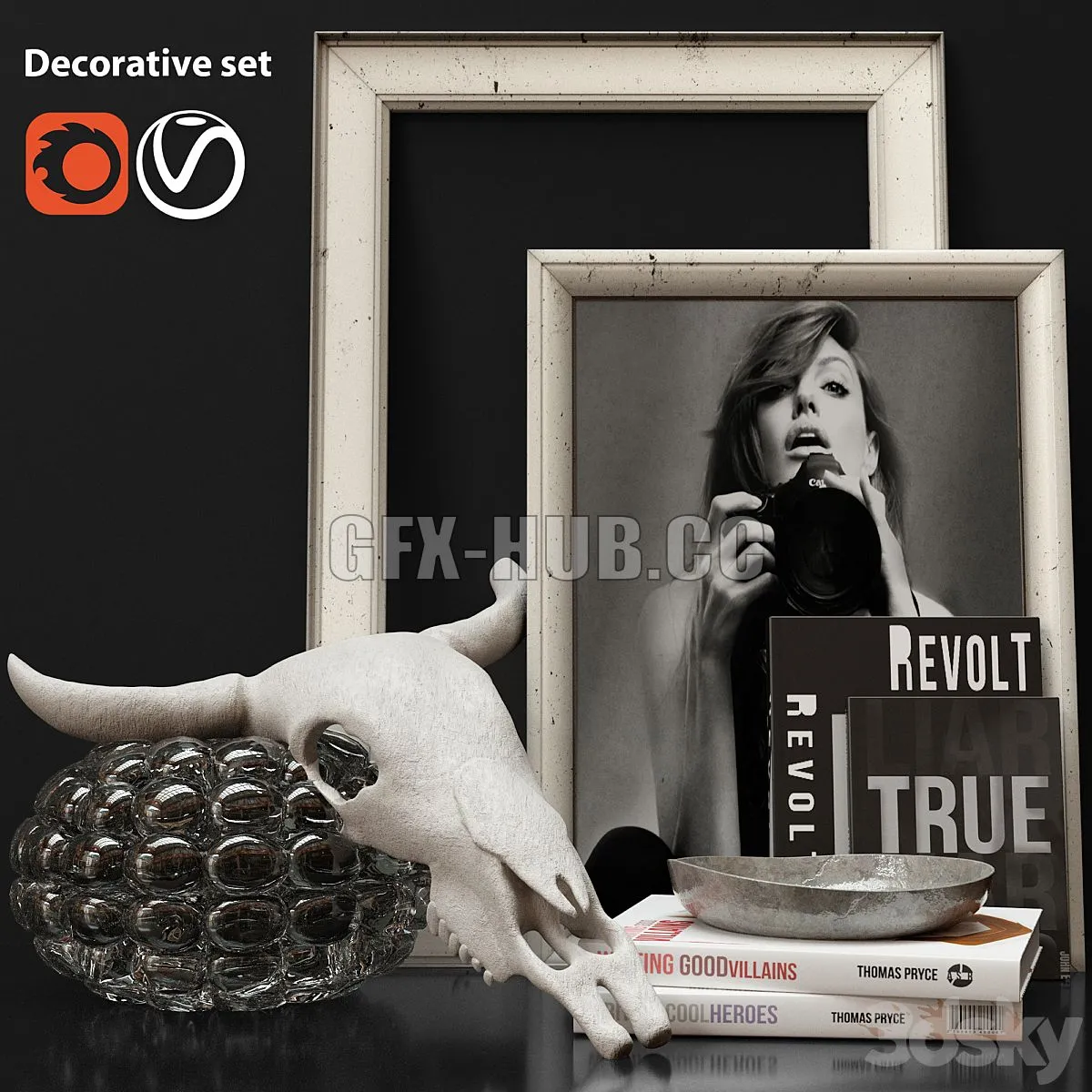 Decorative set with skull and books 3D Model