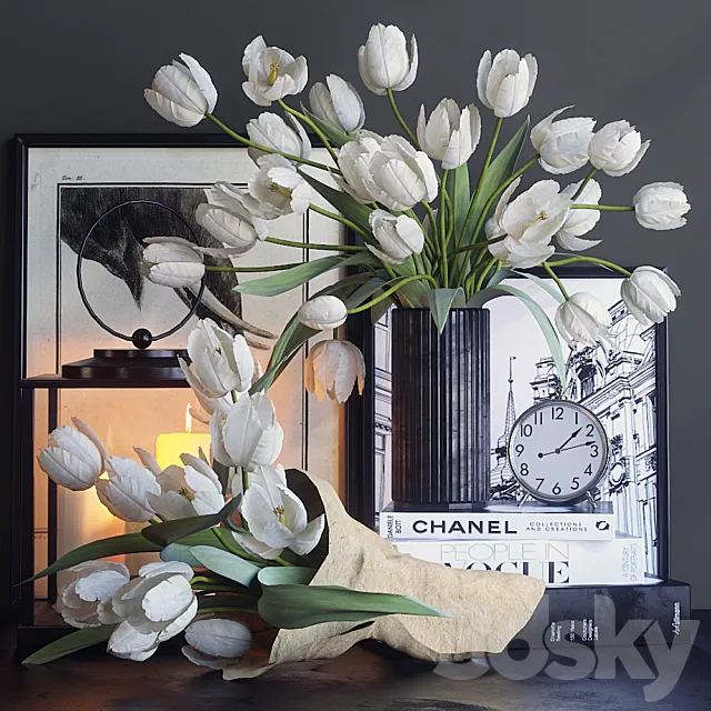 Decorative set with white tulips 3DModel