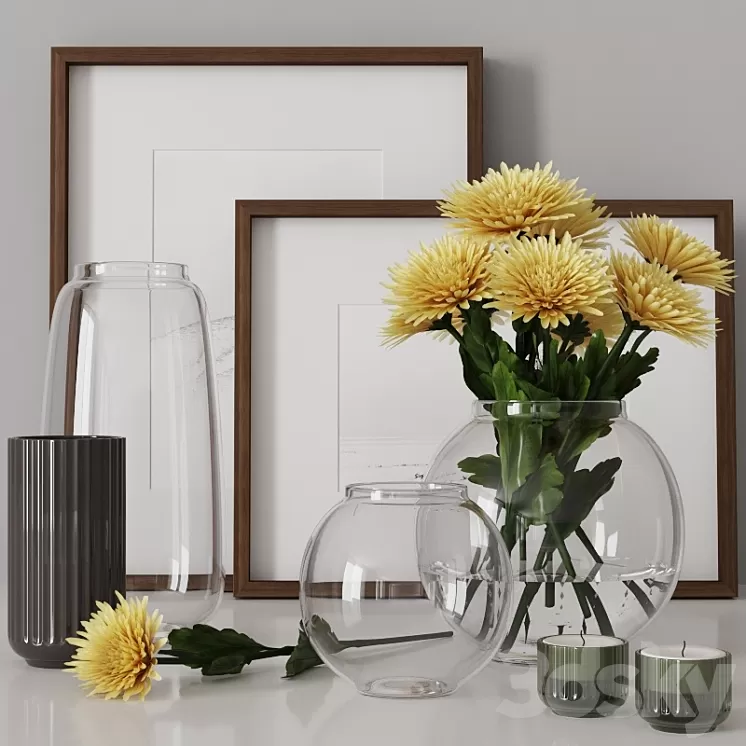 decorative set with yellow chrysanthemums 05 3D Model