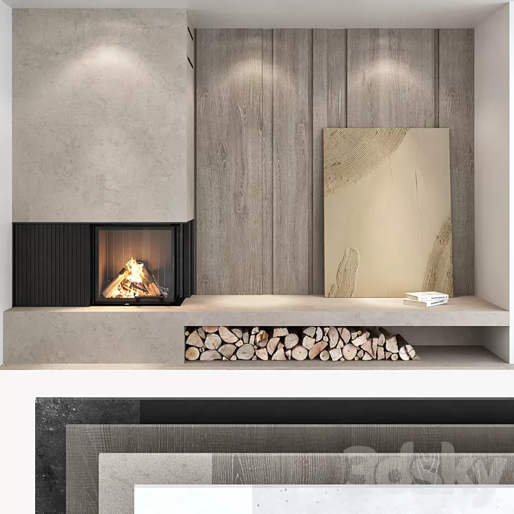 Decorative wall with fireplace set 03 3D Model