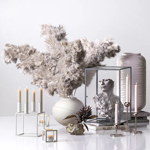 Decorative_Set_02_With Dry Flowers and Sculpture Antique 3D Model