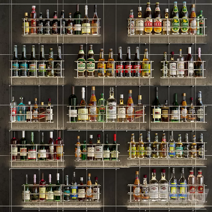 Design project of a bar or restaurant with a beautiful arrangement of bottles. Alcohol 3D Model