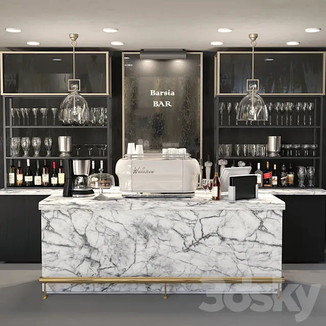 Design project of a bar with a marble bar and wine. Alcohol 3DModel