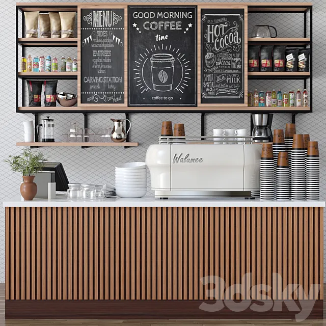 Design project of a cafe in ethnic style with a coffee machine and accessories on the shelves 3DModel