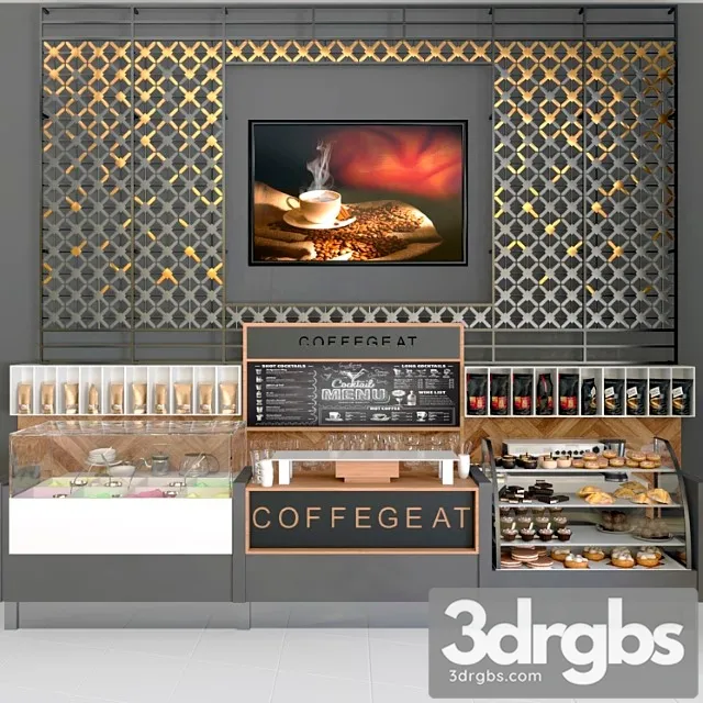 Design project of a cafe with a panel and a refrigerator with desserts and sweets. coffee house 3D Model Download