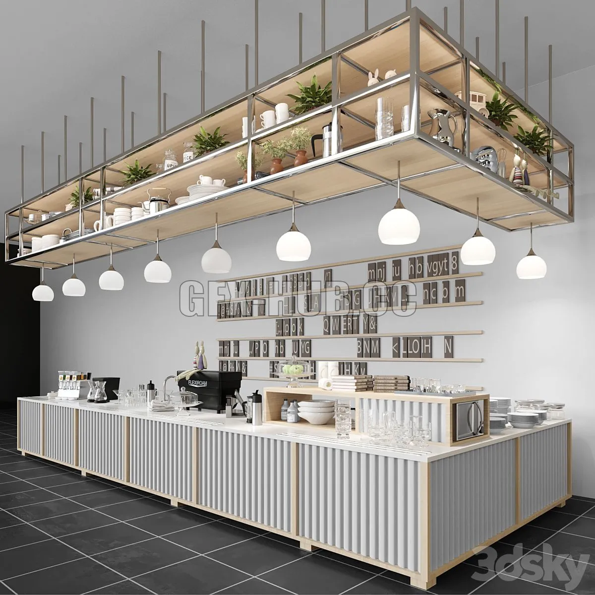 Design project of a coffee house in loft style with a coffee machine and dishes 3D Model