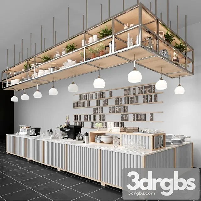 Design project of a coffee house in loft style with a coffee machine and dishes. cafe 3D Model Download