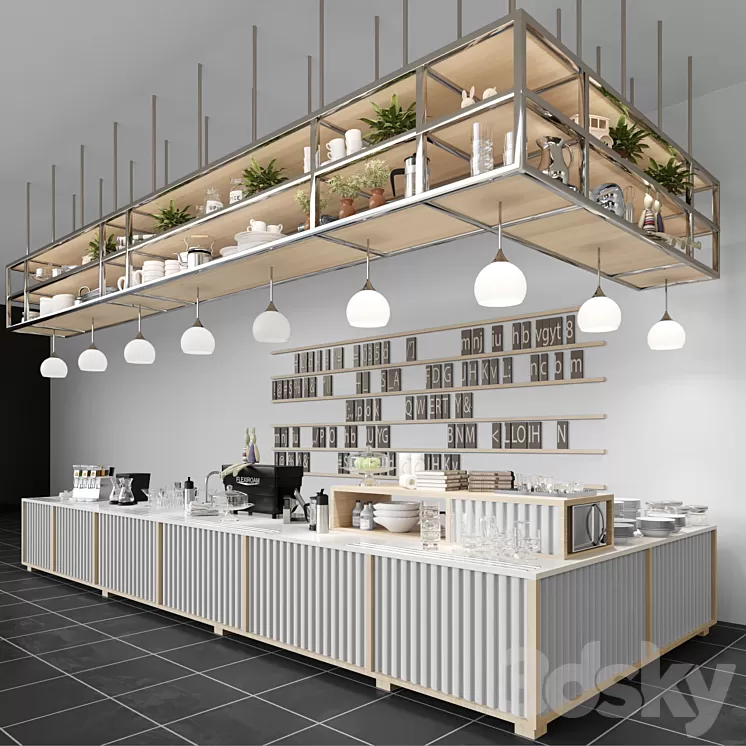 Design project of a coffee house in loft style with a coffee machine and dishes. Cafe 3D Model