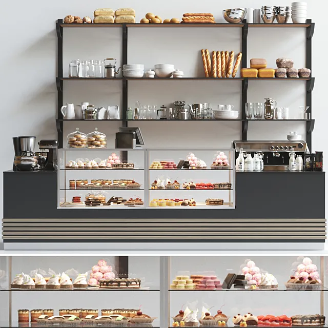 Design project of a coffee point in a minimalist style with a showcase with desserts and sweets. Cafe 3D Model
