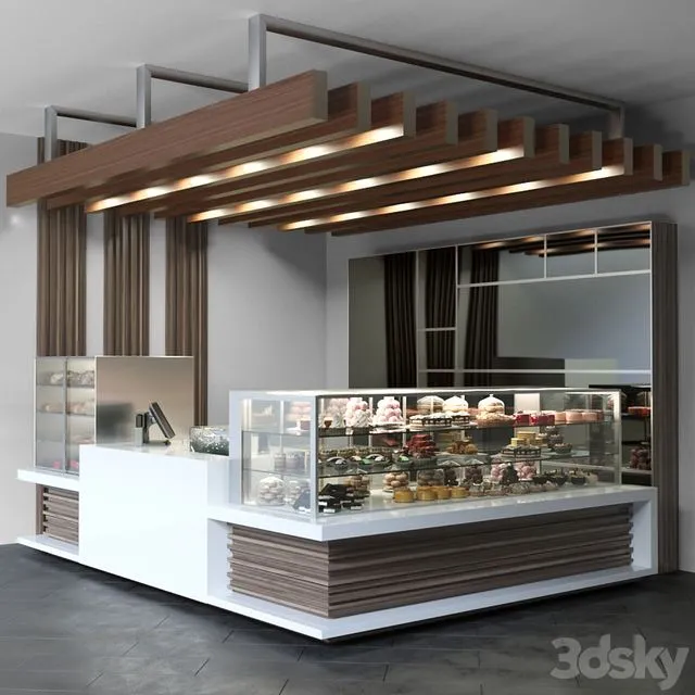 Design project of a coffee point with a confectionery showcase and desserts 3D Model