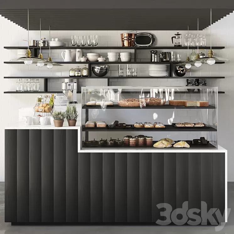 Design project of a coffee point with a refrigerator with desserts. Cafe 3D Model