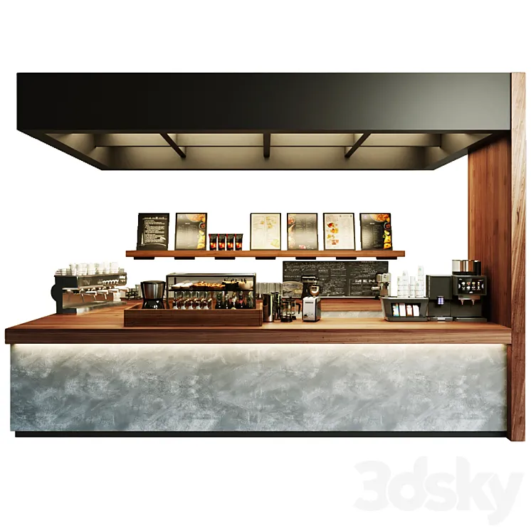 Design project of a coffee shop with a showcase with desserts and sweets and a coffee machine. Cafe 3D Model Free Download