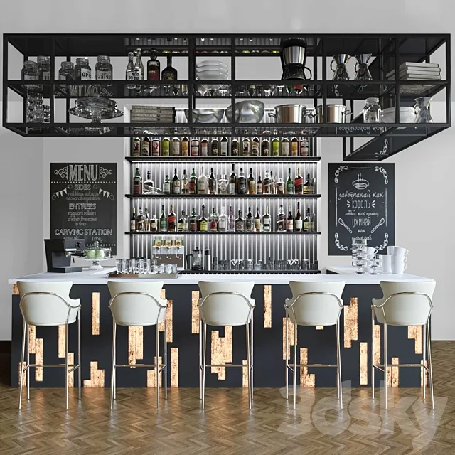 Design project of a restaurant with a bar counter and cocktails. Alcohol 3DModel