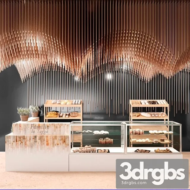 Design project of a restaurant with elements of copper decor and a showcase with desserts and sweets 3D Model Download