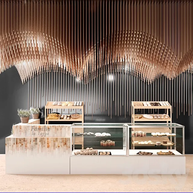 Design project of a restaurant with elements of copper decor and a showcase with desserts and sweets Free Download